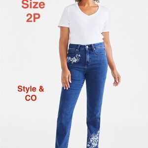 Style & Co. Women's Straight Leg Blue Jeans with Embroidery